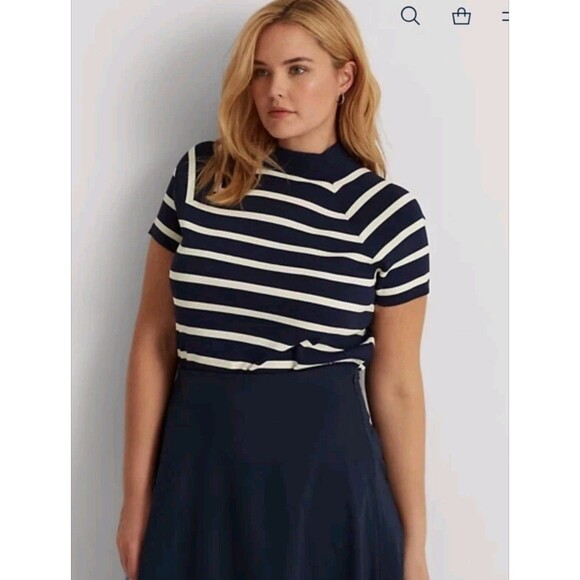 Lauren Ralph Women’s Striped Short-Sleeve Sweater French Navy/Mascarpone XL - Picture 2 of 8